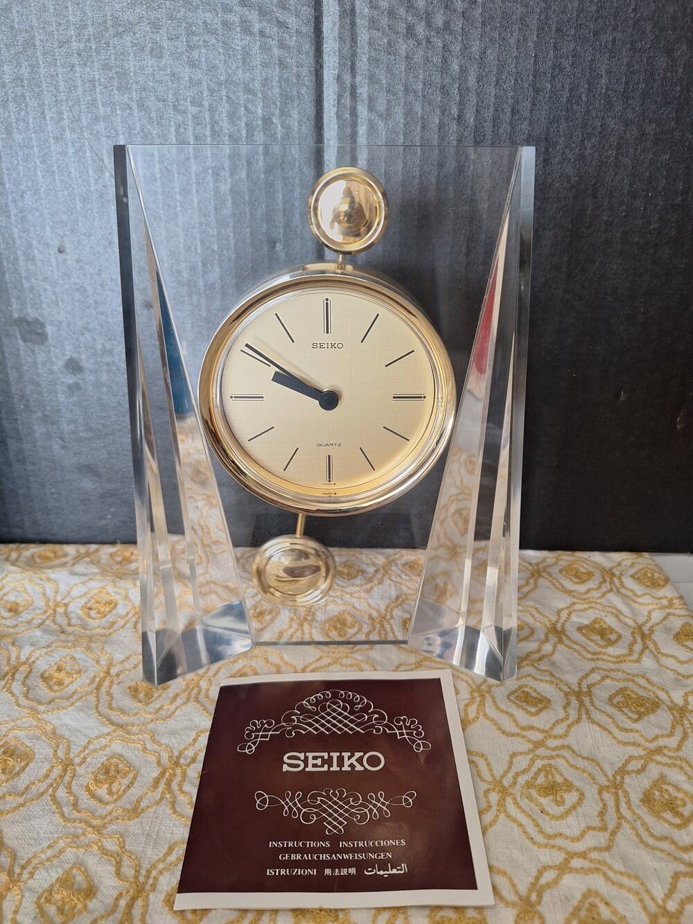 Vintage 80s Seiko QPW119G Pendulum Mantel Clock Lucite Acrylic Japan Manual NM